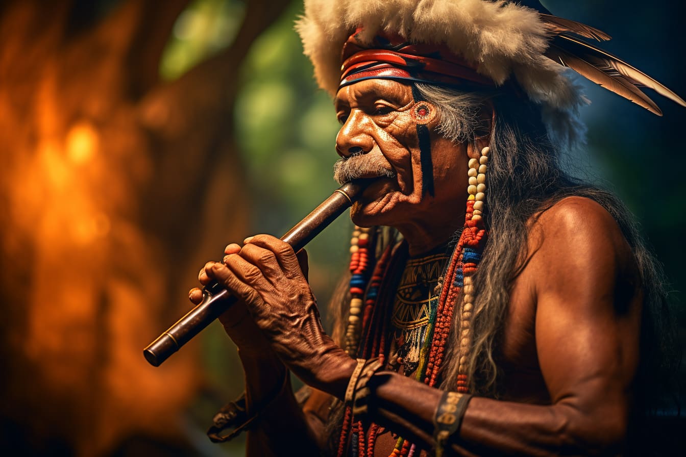 psychedelic music indigenous man playing flute-min