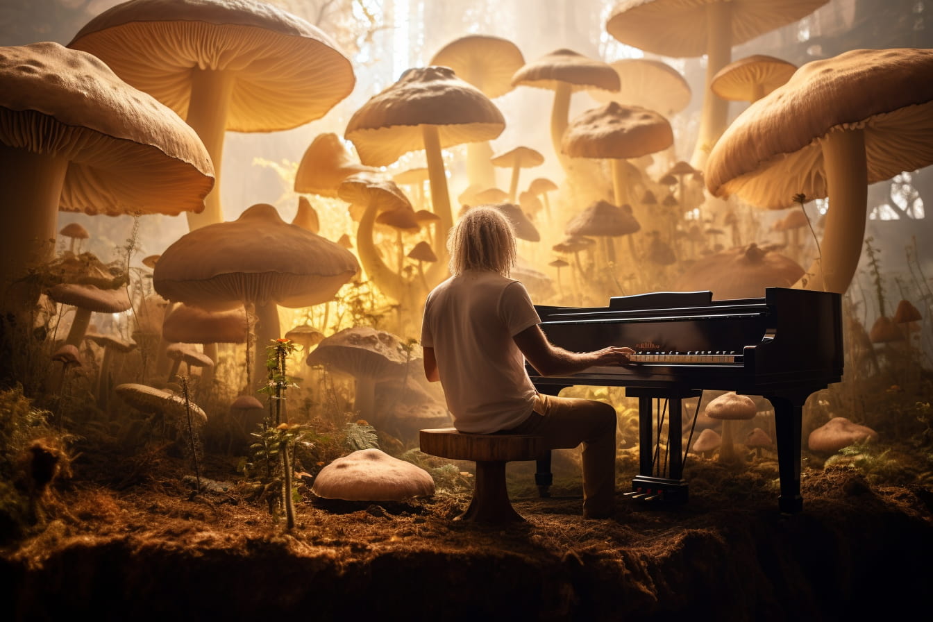 psychedelic music man playing piano with mushrooms-min